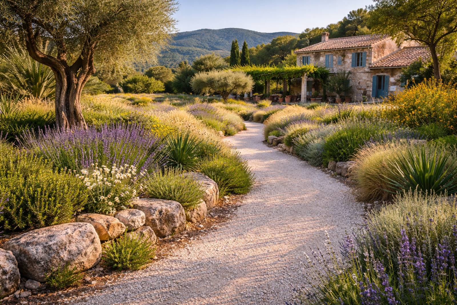 Création d'une allée de jardin en gravier blanc calcaire dans le Luberon