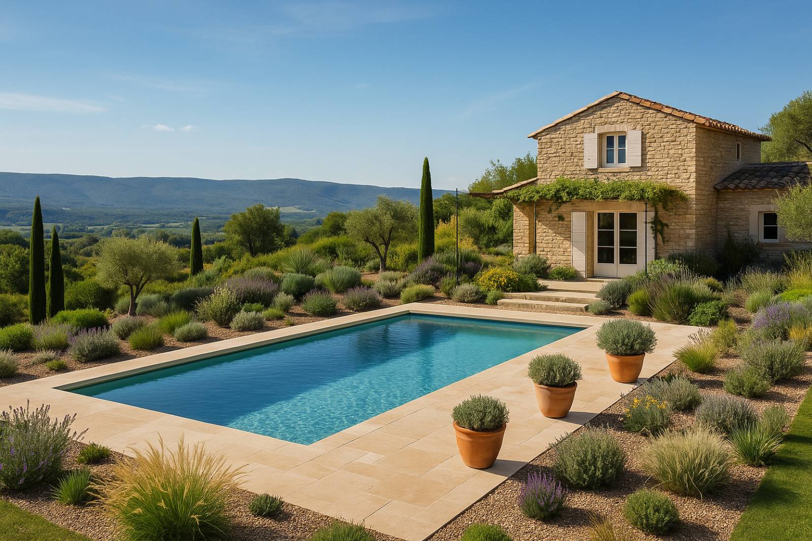 Aménagement paysager autour d’une piscine dans le Lubéron
