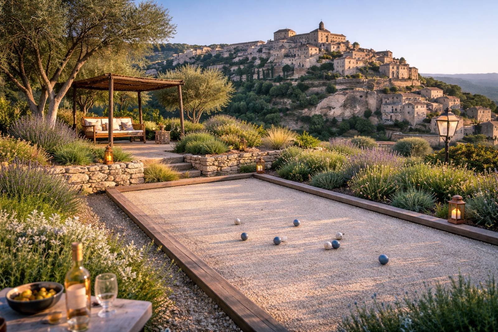 construction d’un terrain de pétanque 15 m × 5 m à Gordes dans le Lubéron