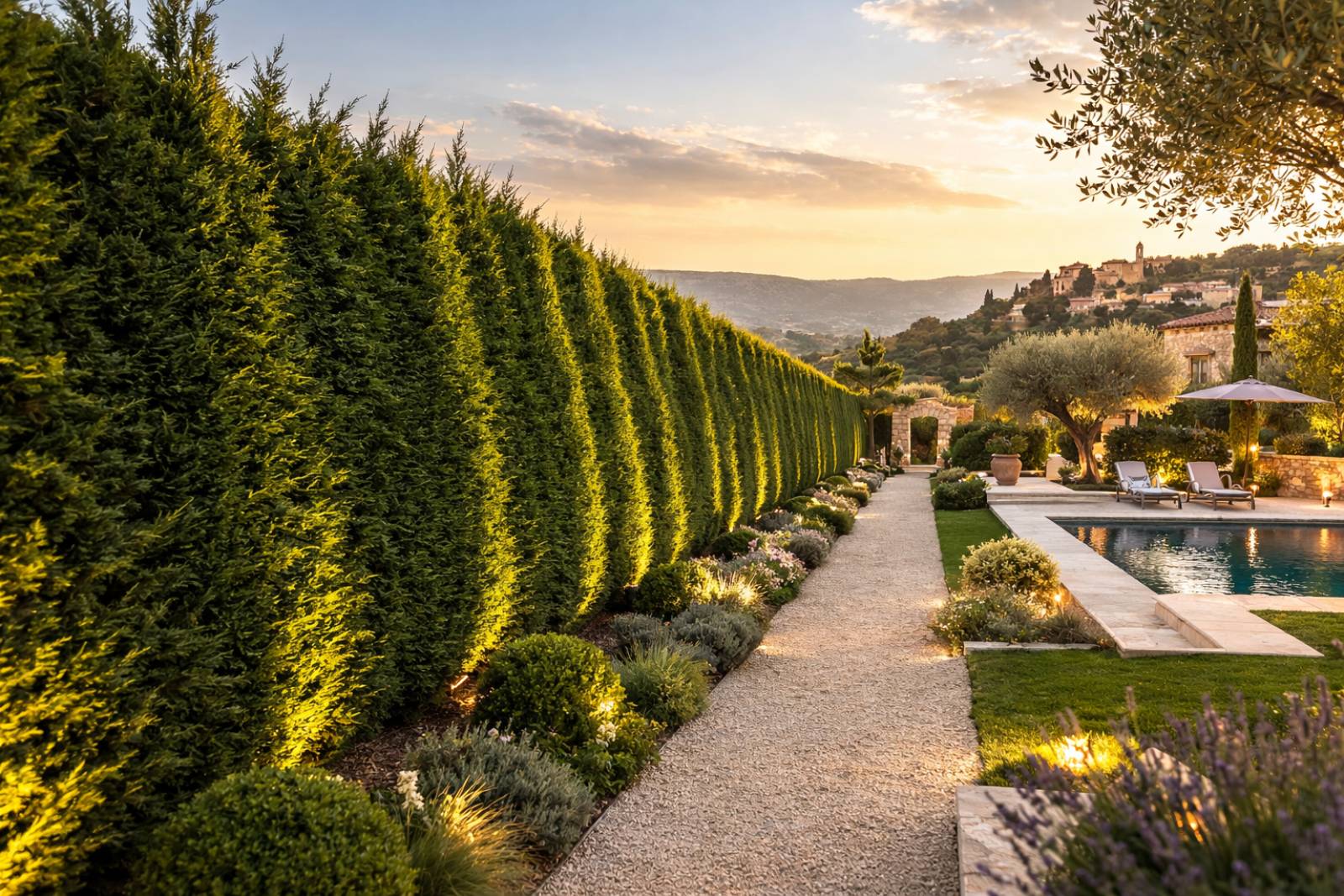 Haie de cèdres taillé dans une propriété du Lubéron