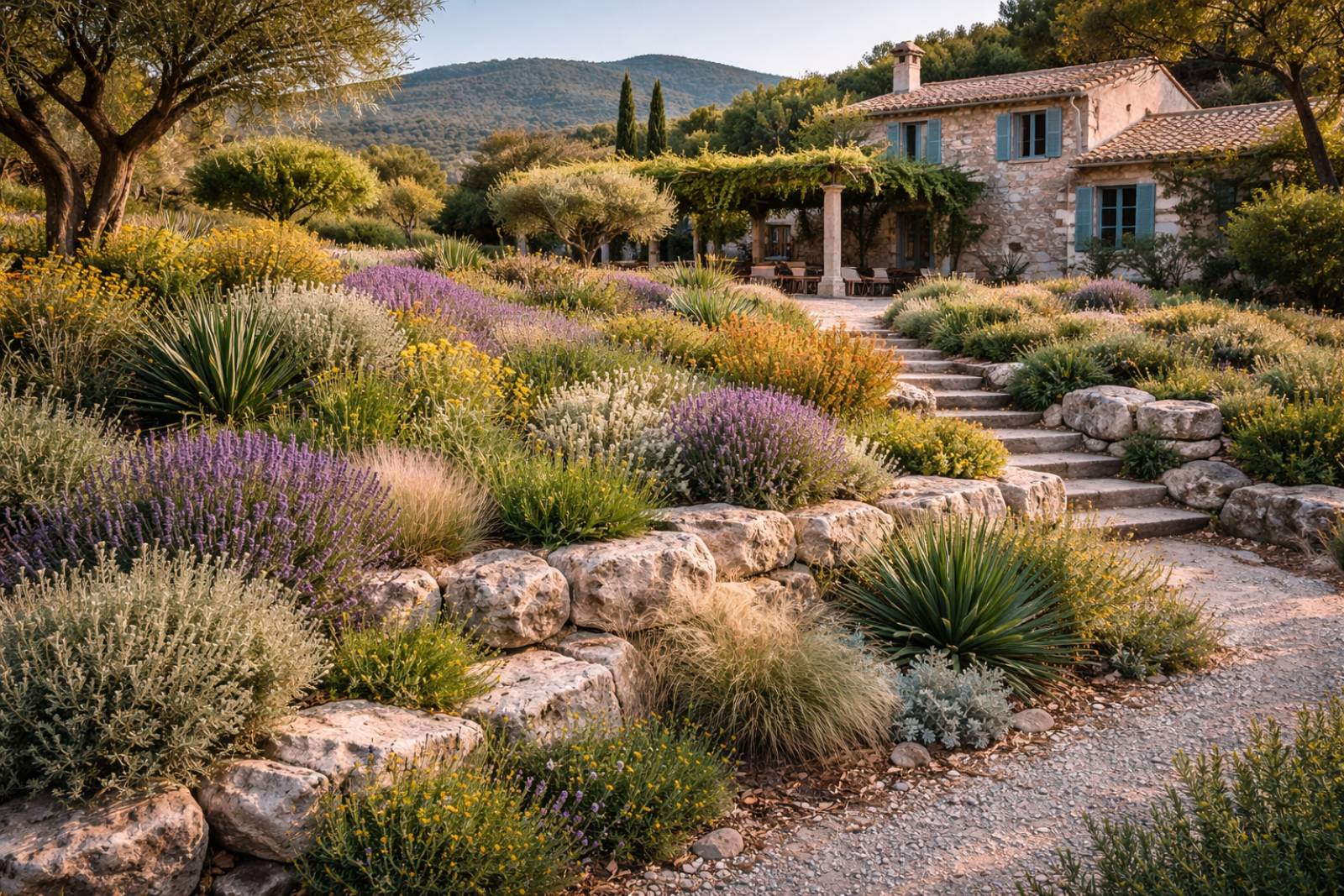 Création de rocaille méditerraneenne avec lavande dans le Luberon