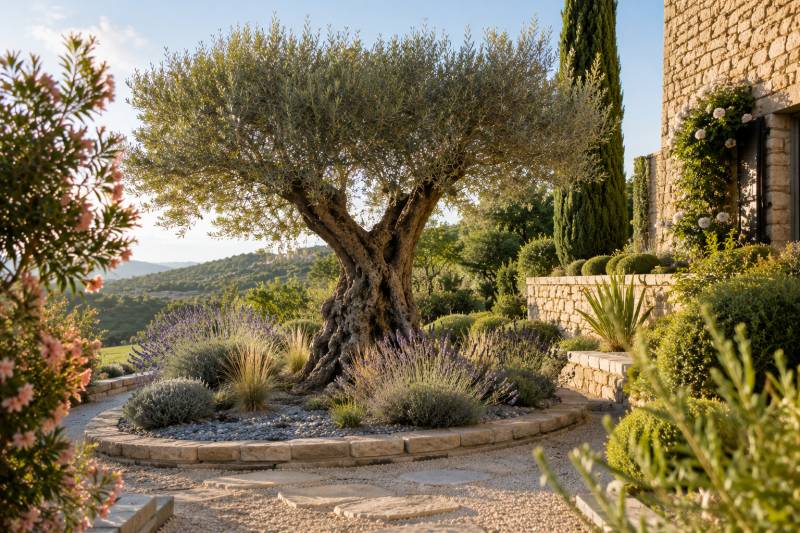 Aménagement paysager autour d’un olivier à Gordes
