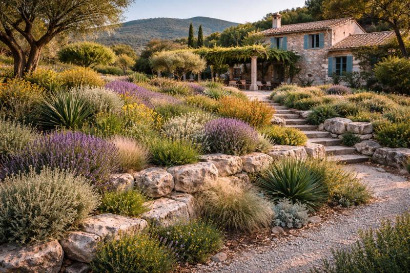 Création de rocaille méditerraneenne avec lavande dans le Luberon