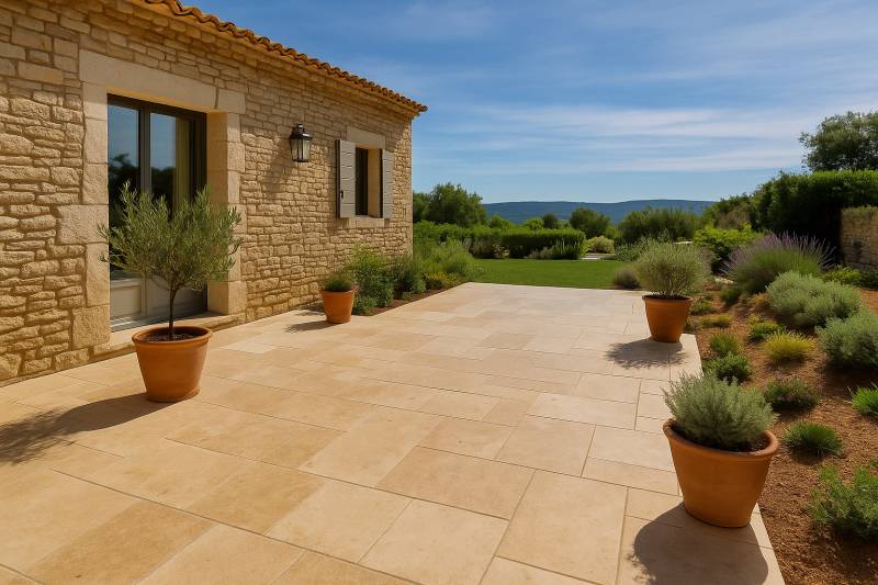Réalisation d'une terrasse en pierre de travertin à Gordes