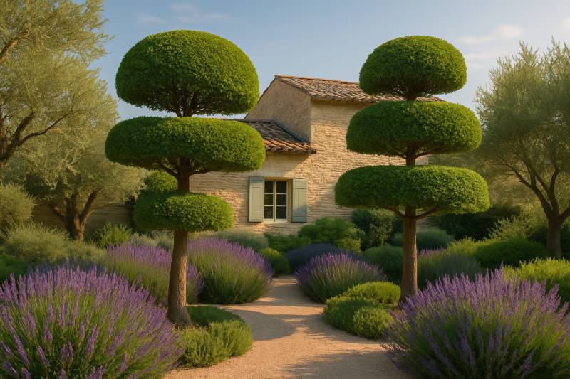 Taille en topiaire réalisée par nos paysagiste dans un jardin à Gordes